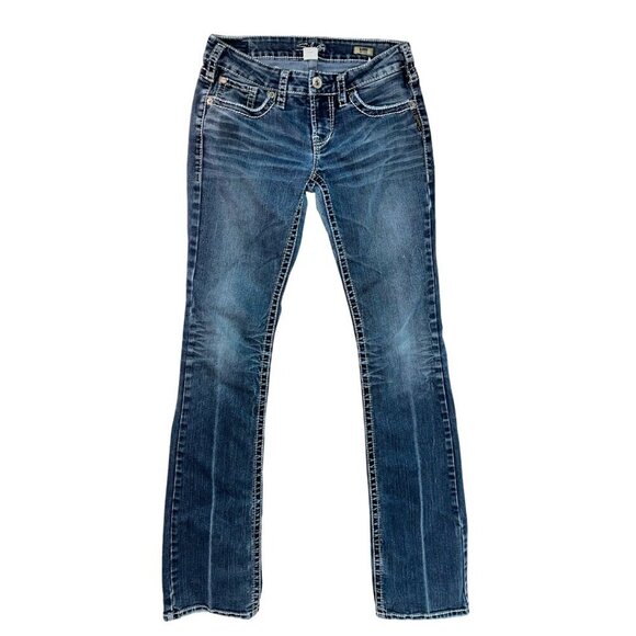 Silver Vintage Bootcut Jeans Tall W27 L32 Dark Blue White Stitching Low Rise - Picture 1 of 16